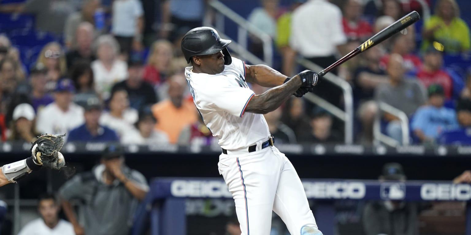 Miami Marlins batter hitting ball during MLB game