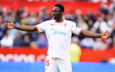 Akor Adams celebrates after scoring Sevilla’s winning goal against Villarreal in LaLiga