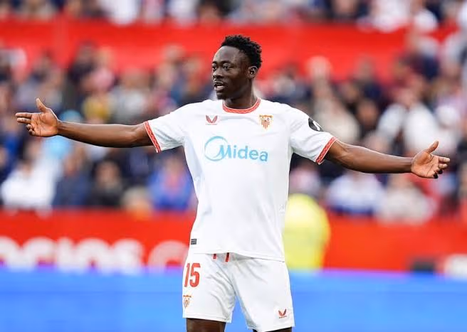 Akor Adams celebrates after scoring Sevilla’s winning goal against Villarreal in LaLiga