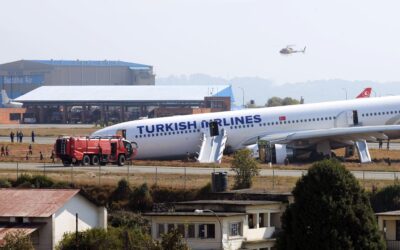 Turkish Airlines plane at Kathmandu airport after landing gear fire incident