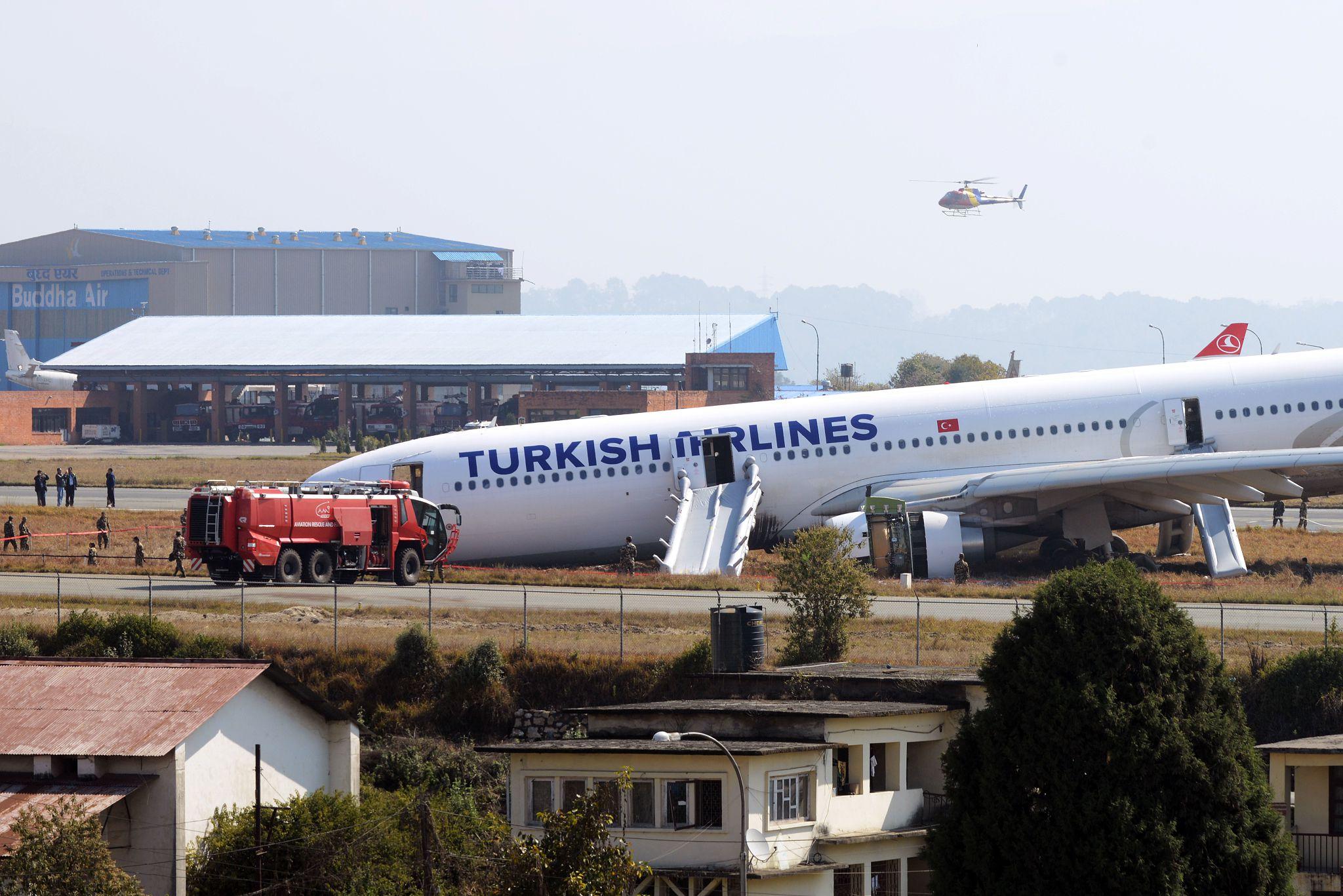 Turkish Airlines plane at Kathmandu airport after landing gear fire incident