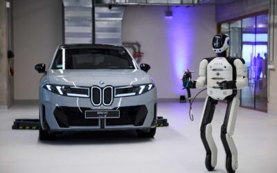 Humanoid robot working inside BMW car manufacturing factory in Europe