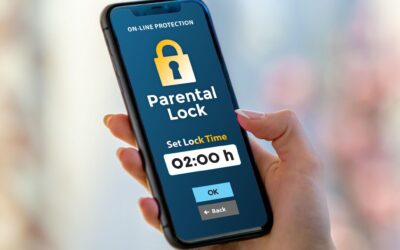 Child using a smartphone with online safety protections enabled.