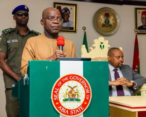 APC chieftain Senator Emma Nwaka speaking during a meeting with Abia State Governor Alex Otti.