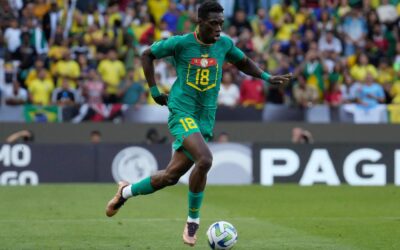Senegal winger Ismaila Sarr reacts after scoring at the 2026 World Cup