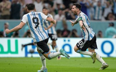 Lionel Messi celebrating during an Argentina World Cup match.