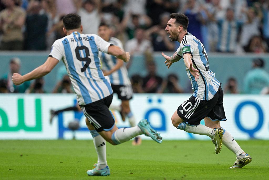 Lionel Messi celebrating during an Argentina World Cup match.