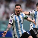 Lionel Messi celebrating a goal for Argentina during the World Cup.