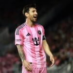 Lionel Messi playing for Argentina at the FIFA World Cup.