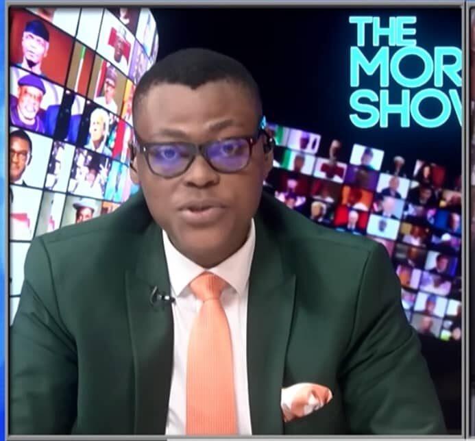 Arise TV presenter Rufai Oseni discussing Peter Obi's lawsuit against Kenneth Okonkwo during a television programme.