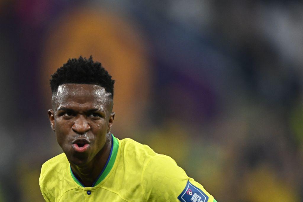 Vinicius Junior celebrates scoring for Brazil during the 2026 World Cup match against Morocco