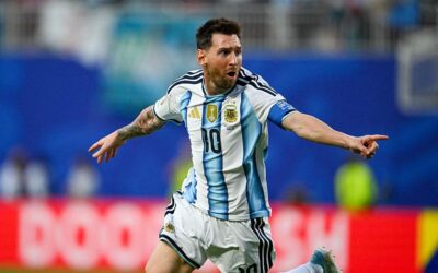 Lionel Messi celebrates after becoming the highest World Cup goalscorer in football history