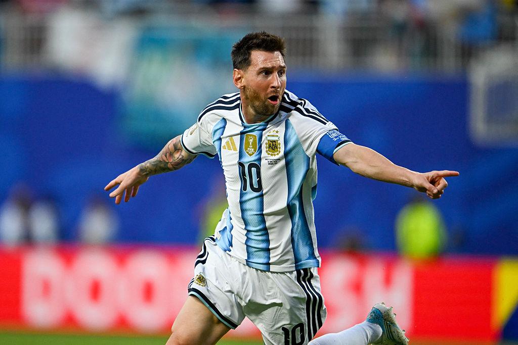 Lionel Messi celebrates after becoming the highest World Cup goalscorer in football history